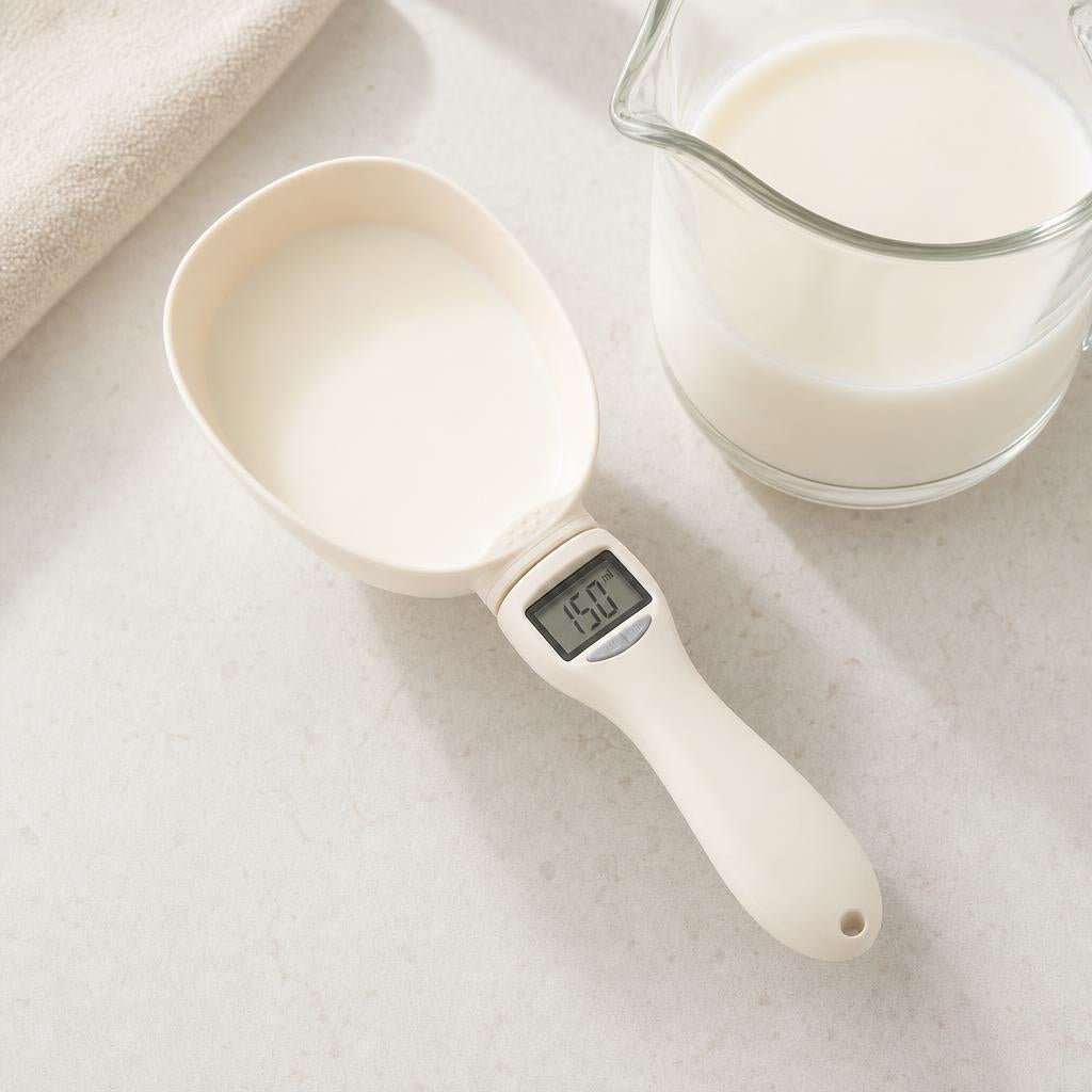 Cuchara báscula midiendo leche en mililitros