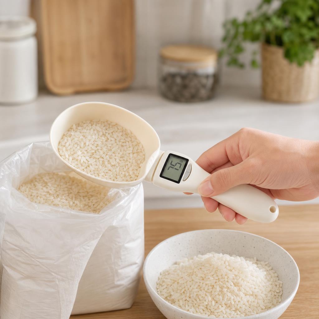 Sirviendo arroz con la cuchara báscula digital