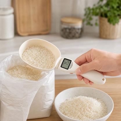 Sirviendo arroz con la cuchara báscula digital